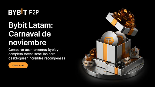 A la derecha, una caja de regalo blanca con lazos dorados y que guarda 2 monedas físicas de Theter. Y a la izquierda, texto blanco promocionando Bybit P2P y el Carnaval de noviembre. Todo sobre un fondo negro.