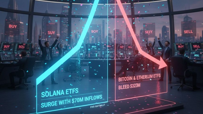 Solana ETFs attract $70M in inflows over five days as Bitcoin and Ethereum funds suffer $323M in outflows amid shifting investor sentiment.