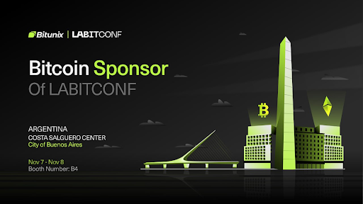 Bitunix en LABITCONF 2025 como “Bitcoin Sponsor” sobre un fondo gris oscuro y la ilustración del obelisco argentino, en la cuspide el logo de Bitcoin.