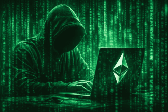 un hacker frente a una laptop que tiene el logo de Ethereum. Todo en tono verde