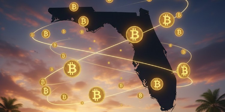 Silueta del estado de Florida con bitcoin alrededor.