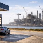 Car fueling at a gas station with a large refinery under construction across the water in Brownsville, highlighting questions over how quickly the project can lower gas prices