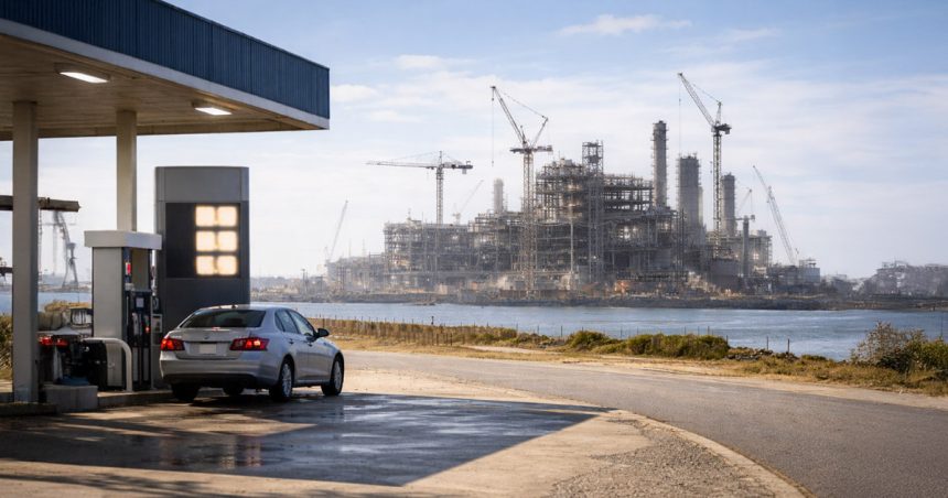 Car fueling at a gas station with a large refinery under construction across the water in Brownsville, highlighting questions over how quickly the project can lower gas prices