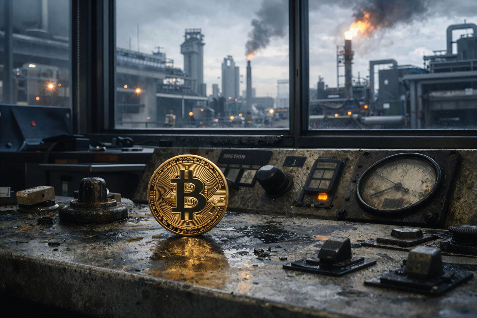 Bitcoin on an industrial control panel with oil refinery fires in the background as markets test a bullish move toward $75,000 after the Iran pause