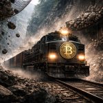 Bitcoin train speeding through a rocky pass under falling debris, symbolizing the $70,000 breakout facing a volatile $75,000 options trap that could trigger a violent market move