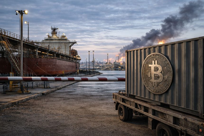 Bitcoin container halted at a port checkpoint as smoke rises in the distance, reflecting how escalating Iran war fears are weighing on the crypto market