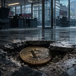 Bitcoin coin sunk into a cracked trading office floor as red market charts flash in the background after the price fell below $70,000