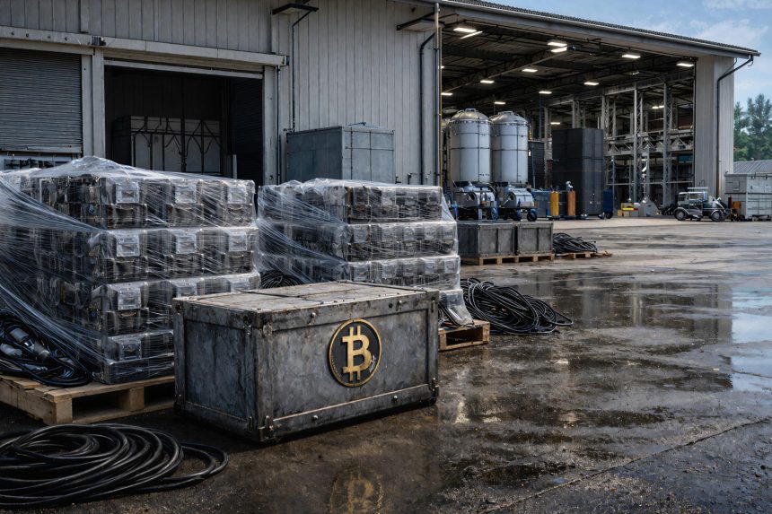 Bitcoin mining equipment stacked outside an industrial facility as operators pivot to AI, selling BTC and taking on debt to maintain liquidity