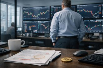 Trader reviews Bitcoin charts and market data on multiple screens as outlook questions whether 2026 will break the year-end trend