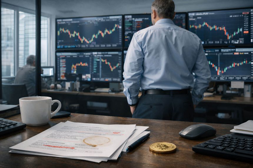 Trader reviews Bitcoin charts and market data on multiple screens as outlook questions whether 2026 will break the year-end trend
