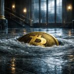 Bitcoin coin sinking in floodwater inside a grand bank hall, symbolizing price dropping below $70,000 after Fed inflation surge and ECB forecast shock
