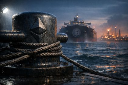 Ethereum logo anchored to a dock as a Bitcoin-marked tanker approaches through turbulent waters, symbolizing Ethereum gaining strength over Bitcoin amid shifting global markets during US-Iran tensions