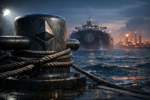 Ethereum logo anchored to a dock as a Bitcoin-marked tanker approaches through turbulent waters, symbolizing Ethereum gaining strength over Bitcoin amid shifting global markets during US-Iran tensions