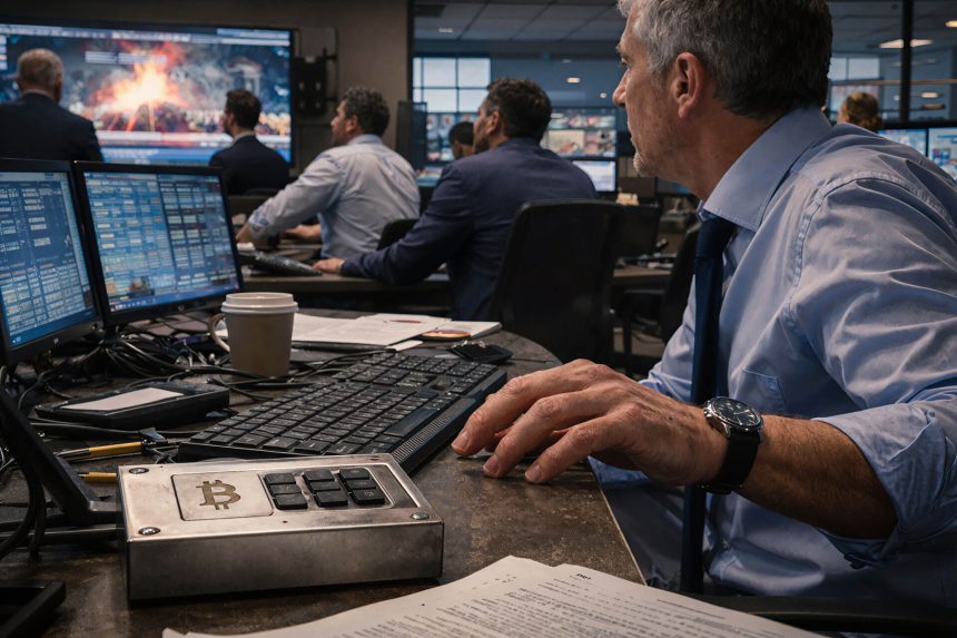 Trader monitors geopolitical crisis on screens while using a Bitcoin device, showing BTC acting as a real-time market risk indicator rather than a traditional safe haven