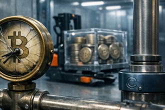 Cracked pressure gauge with a Bitcoin symbol in an industrial facility beside crates of BTC coins, representing market stress after Coinbase’s $69.5B wallet reshuffle disrupted a key Bitcoin bottom indicator