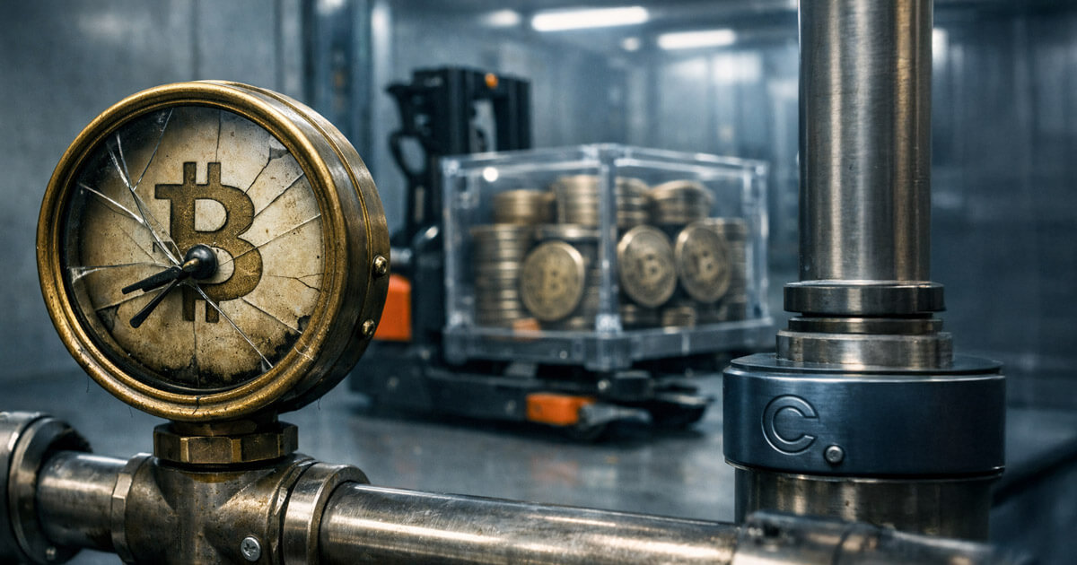 Cracked pressure gauge with a Bitcoin symbol in an industrial facility beside crates of BTC coins, representing market stress after Coinbase’s $69.5B wallet reshuffle disrupted a key Bitcoin bottom indicator