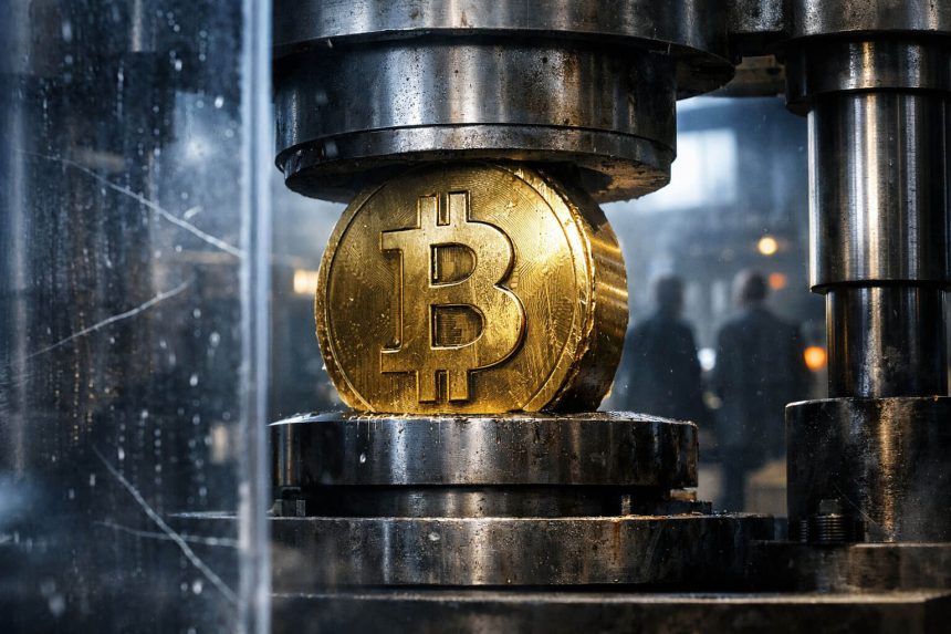 Bitcoin coin being compressed by an industrial press, symbolizing market stress as recession signals suggest a major test for Bitcoin ahead