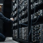Engineer adjusting Bitcoin mining servers in a data center amid network power struggle over anti-spam proposal and disputed node support