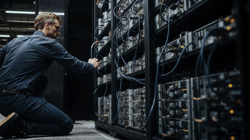 Engineer adjusting Bitcoin mining servers in a data center amid network power struggle over anti-spam proposal and disputed node support