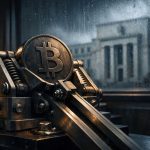 Bitcoin coin held in a mechanical clamp near a window overlooking a central bank building, symbolizing the Fed decision determining whether Bitcoin can break above $80,000