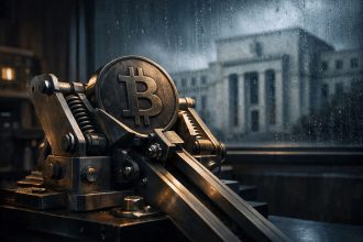 Bitcoin coin held in a mechanical clamp near a window overlooking a central bank building, symbolizing the Fed decision determining whether Bitcoin can break above $80,000