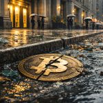 Cracked Bitcoin coin in a rain-soaked curbside gutter outside a financial district building as Wall Street continues on unfazed