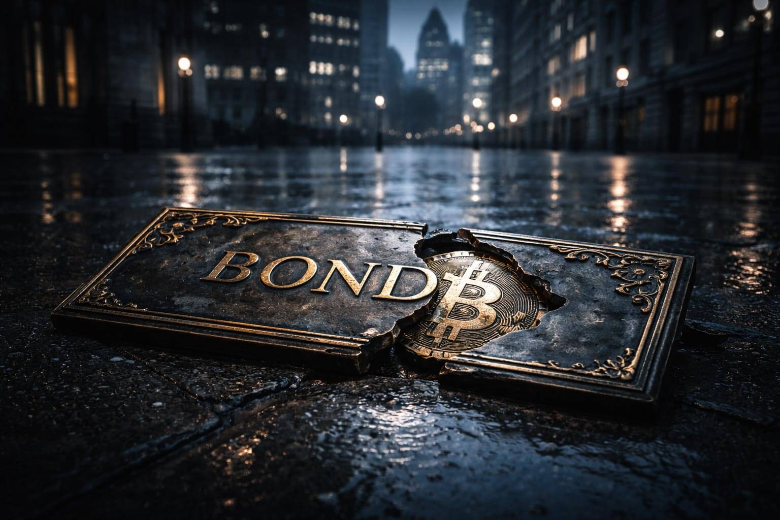 Cracked bond plaque revealing a Bitcoin beneath on a rain-soaked city street, symbolizing Britain’s bond market turmoil shifting attention toward Bitcoin