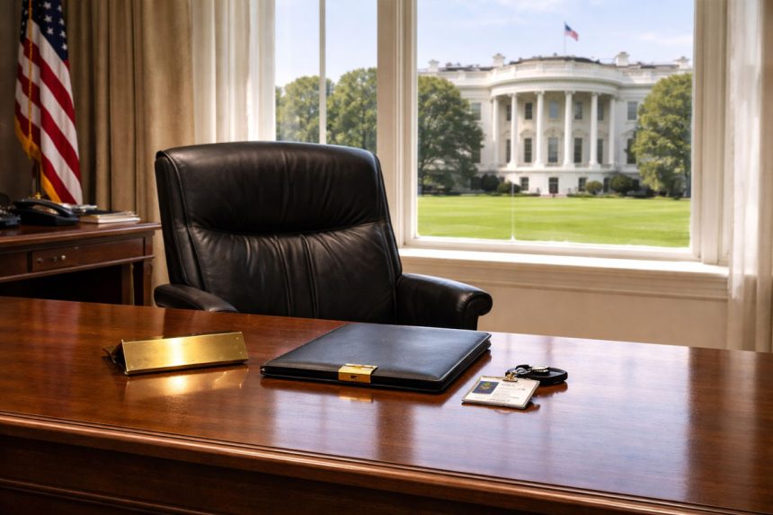 Empty White House office desk and chair overlooking the West Wing lawn, symbolizing the crypto czar’s departure after policy wins for banks and institutions over Bitcoin