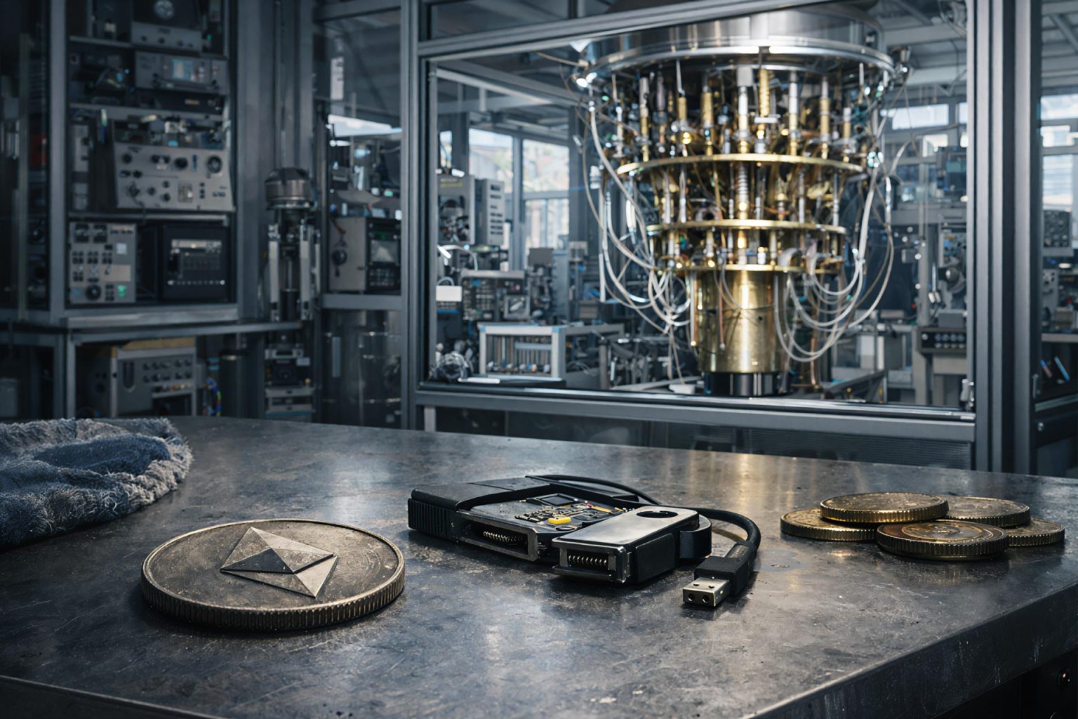 Ethereum hardware wallet and coins in a lab setting, symbolizing the migration battle over wallets, bridges and dormant assets amid quantum risks