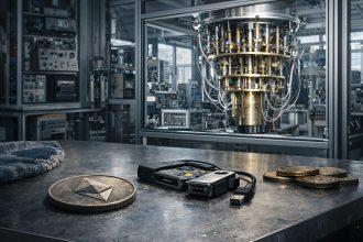 Ethereum hardware wallet and coins in a lab setting, symbolizing the migration battle over wallets, bridges and dormant assets amid quantum risks