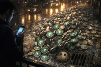 Binance coin on a boardroom table beside a cracked glass panel and a newspaper, symbolizing legal pressure and shifting media scrutiny surrounding the latest lawsuit against Binance