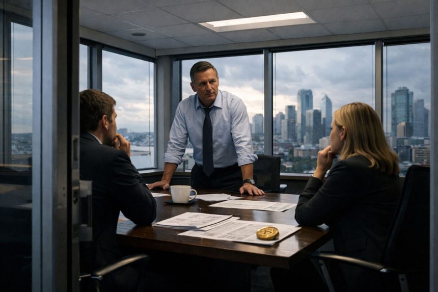 Executives in a boardroom reviewing documents beside a Bitcoin coin, reflecting institutional players influencing and repeatedly stalling the rally toward $70,000