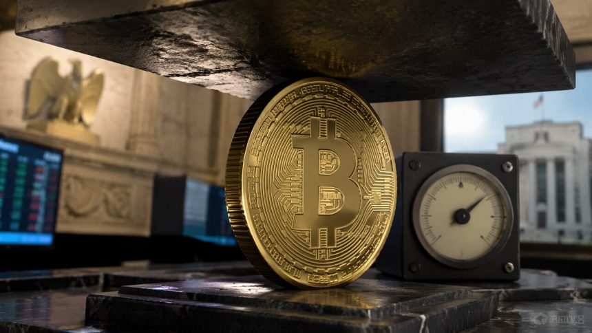 Bitcoin coin pinned beneath a heavy press beside a pressure gauge in a central bank setting, symbolizing Bitcoin’s recovery running into a Fed ceiling without cheaper money
