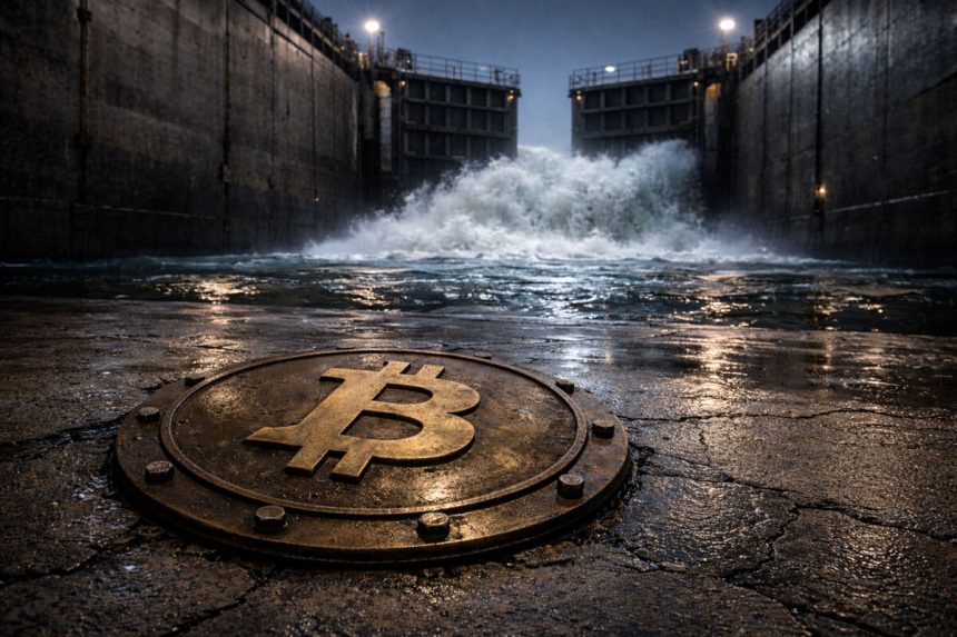 Bitcoin symbol on a wet industrial floor as floodgates surge ahead, illustrating the dollar squeeze holding back BTC despite rising global money supply