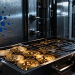 Vault tray filled with Bitcoin and cash beside a Cardano symbol, illustrating the Cardano Foundation increasing BTC and fiat reserves over ADA