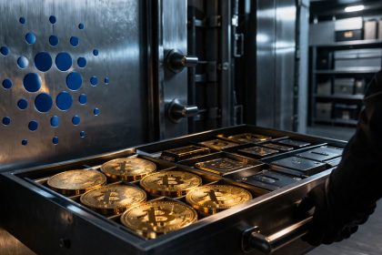 Vault tray filled with Bitcoin and cash beside a Cardano symbol, illustrating the Cardano Foundation increasing BTC and fiat reserves over ADA