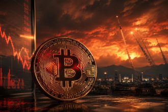 Bitcoin beside a falling market chart and missile-filled skyline, reflecting how the US-Iran ceasefire keeps Bitcoin tied to geopolitical and macro uncertainty